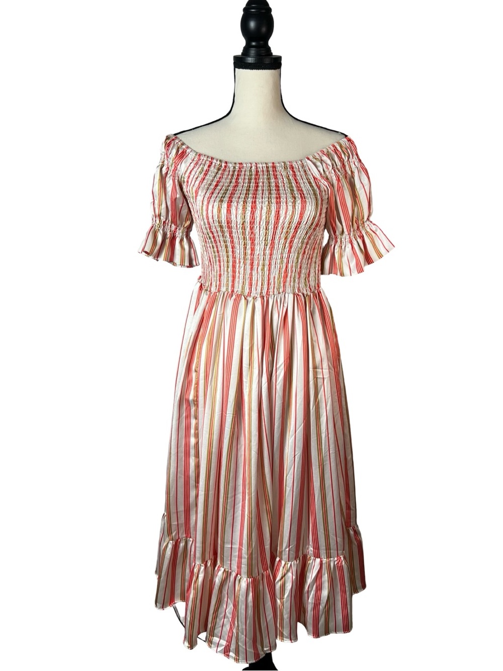 Area Stars Smocked Off Shoulder Cottagecore Midi Dress Pink Stripe Medium